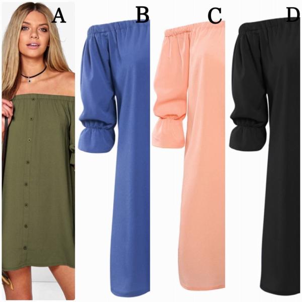 レディース　ワンピース　オフショルダー　パフスリーブ　ボリュームスリーブ　無地　春　夏　カジュアル　キュート　可愛い　フェミニン　きれいめ　上品　エレガント　おしゃれ　お出かけ　ブルー　ピンク　ブラック　オリーブ　S　M　L　XL　サイズ　送料無料