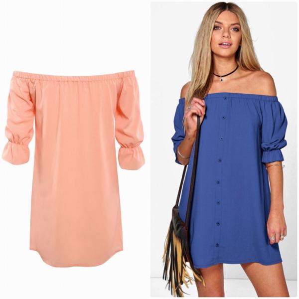 レディース　ワンピース　オフショルダー　パフスリーブ　ボリュームスリーブ　無地　春　夏　カジュアル　キュート　可愛い　フェミニン　きれいめ　上品　エレガント　おしゃれ　お出かけ　ブルー　ピンク　ブラック　オリーブ　S　M　L　XL　サイズ　送料無料