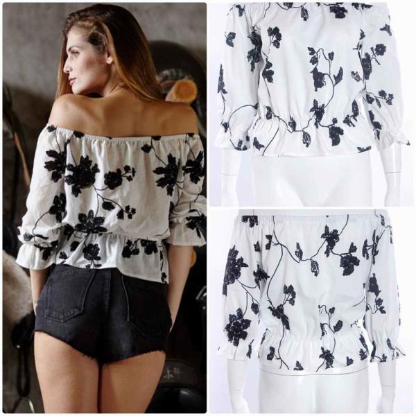 レディース　ブラウス　オフショルダー　ボリュームスリーブ　半袖　花柄　ボタニカル柄　シャツ　シンプル　トップス　カジュアル　キュート　大人　可愛い　フェミニン　おしゃれ　お出かけ　デイリー　オフィス　普段着　ホワイト　S　M　L　XL　サイズ　送料無料