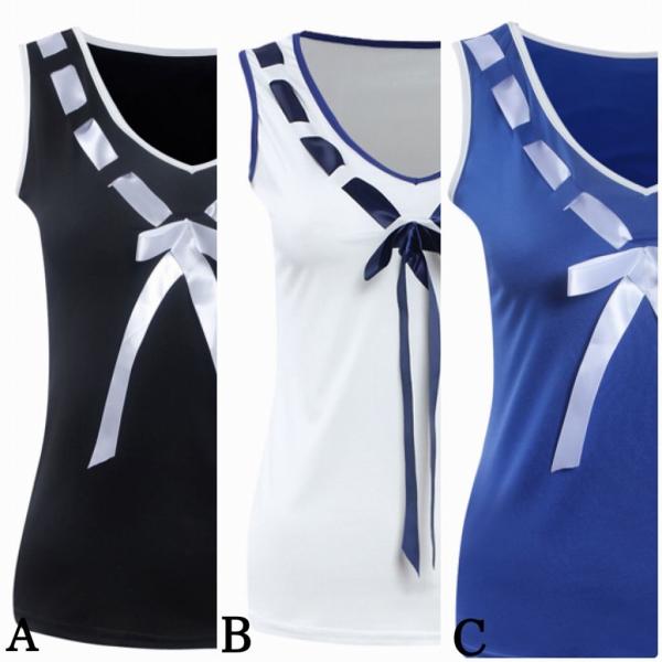 レディース　大きいサイズ　タンクトップ　リボン　Vネック　夏　春　クルーネック　トップス　カジュアル　キュート　大人　可愛い　フェミニン　おしゃれ　お出かけ　普段着　デイリー　ブルー　ホワイト　ブラック　S　M　L　XL　2XL　3XL　送料無料