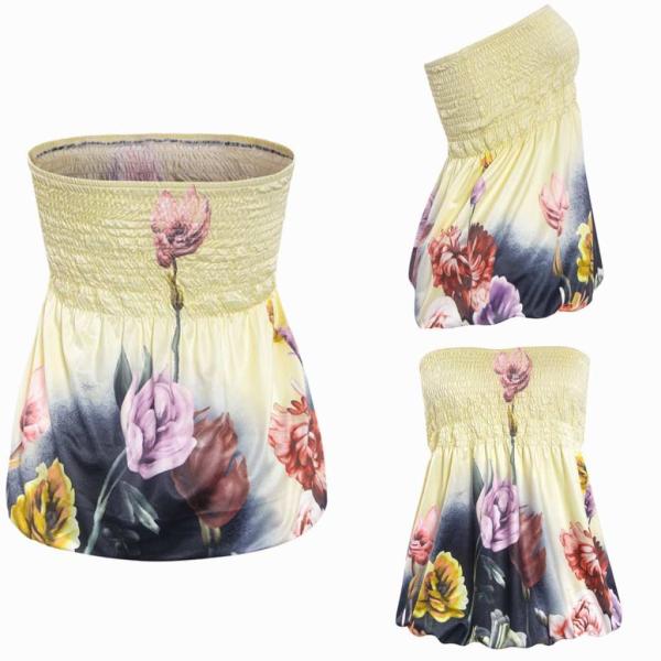 レディース　チューブトップ　花柄　ボタニカル柄　ブラウス　シャツ　シンプル　トップス　カジュアル　キュート　大人　可愛い　フェミニン　おしゃれ　お出かけ　デイリー　オフィス　普段着　イエロー　S　M　L　XL　サイズ　送料無料