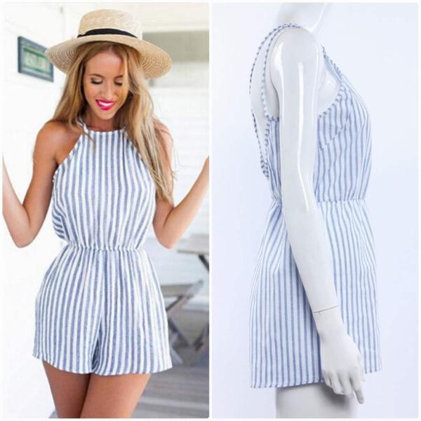レディース　サロペット　オールインワン　ホルターネック　ストライプ　パンツ　ボーダー　ボトムス　カジュアル　キュート　可愛い　フェミニン　おしゃれ　お出かけ　デイリー普段着　セクシー　春　夏　海　ブルー　S　M　L　XL　サイズ　送料無料