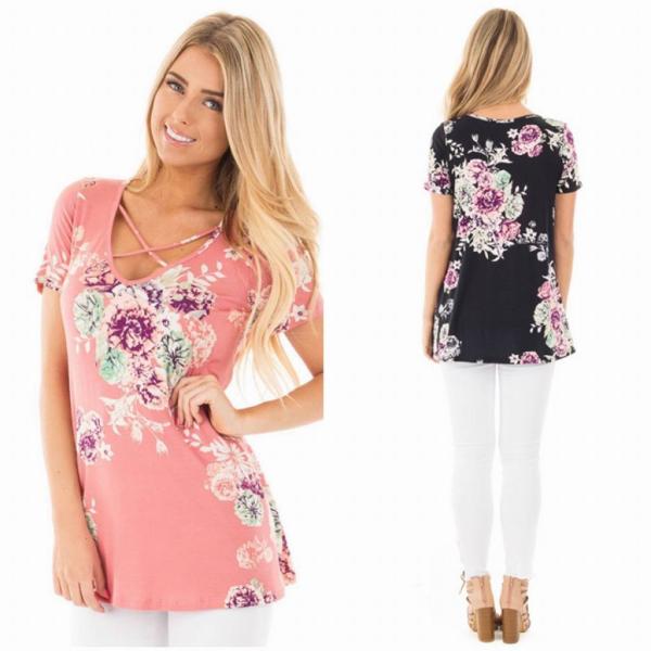 レディース　大きいサイズ　ブラウス　ロング丈　半袖　花柄　ボタニカル柄　シャツ　シンプル　トップス　カジュアル　キュート　大人　可愛い　フェミニン　おしゃれ　お出かけ　デイリー　オフィス　普段着　ネイビー　ブラック　ピンク　ホワイト　ブルー　送料無料