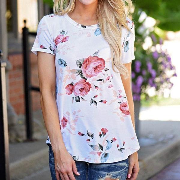 レディース　トップス　Tシャツ　カットソー　半袖　クルーネック　花柄　プリント　総柄　カジュアル　大人可愛い　キュート　フェミニン　おしゃれ　デイリー　お出かけ　デート　ホワイト　ネイビー　S　M　L　XL　送料無料