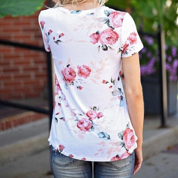 レディース　トップス　Tシャツ　カットソー　半袖　クルーネック　花柄　プリント　総柄　カジュアル　大人可愛い　キュート　フェミニン　おしゃれ　デイリー　お出かけ　デート　ホワイト　ネイビー　S　M　L　XL　送料無料