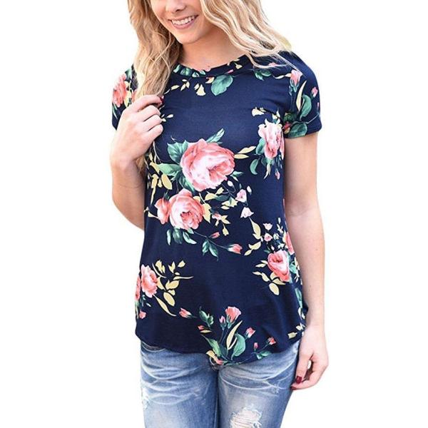 レディース　トップス　Tシャツ　カットソー　半袖　クルーネック　花柄　プリント　総柄　カジュアル　大人可愛い　キュート　フェミニン　おしゃれ　デイリー　お出かけ　デート　ホワイト　ネイビー　S　M　L　XL　送料無料