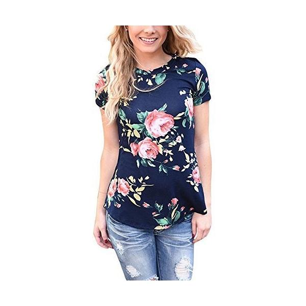 レディース　トップス　Tシャツ　カットソー　半袖　クルーネック　花柄　プリント　総柄　カジュアル　大人可愛い　キュート　フェミニン　おしゃれ　デイリー　お出かけ　デート　ホワイト　ネイビー　S　M　L　XL　送料無料