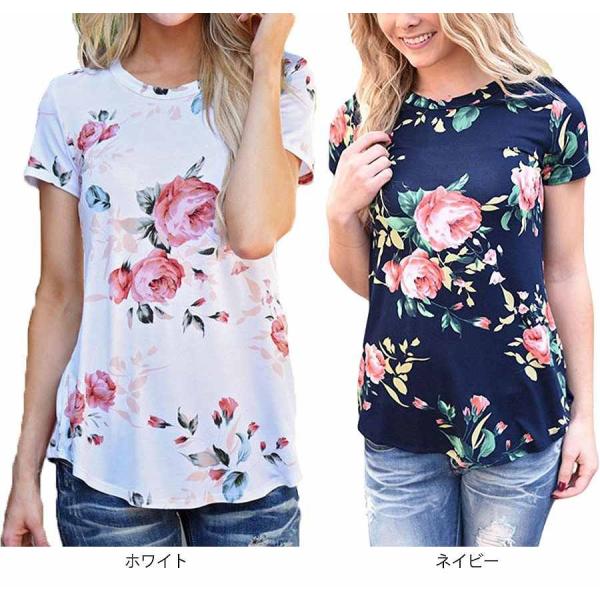 レディース　トップス　Tシャツ　カットソー　半袖　クルーネック　花柄　プリント　総柄　カジュアル　大人可愛い　キュート　フェミニン　おしゃれ　デイリー　お出かけ　デート　ホワイト　ネイビー　S　M　L　XL　送料無料