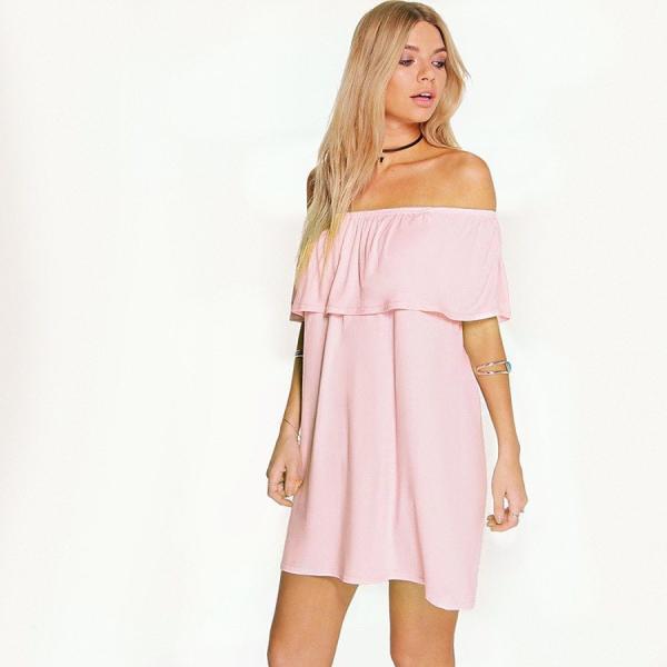 レディース　ワンピース　オフショルダー　膝上丈　無地　フレア　ふんわり　カジュアル　大人可愛い　セクシー　キュート　フェミニン　おしゃれ　デイリー　お出かけ　デート　ベージュ　ブラック　ピンク　S　M　L　XL　送料無料