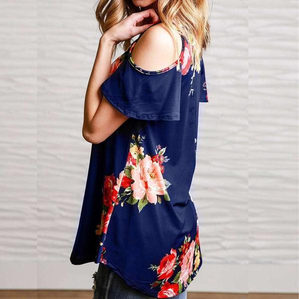 レディース　トップス　Tシャツ　カットソー　半袖　Vネック　花柄　プリント　総柄　オープンショルダー　カジュアル　大人可愛い　キュート　フェミニン　おしゃれ　デイリー　お出かけ　デート　ホワイト　ブラック　ネイビー　S　M　L　XL　2XL　3XL　4XL　5XL　送料無料