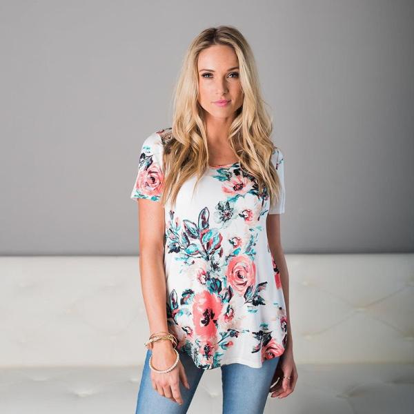 レディース　トップス　Tシャツ　カットソー　半袖　クルーネック　花柄　プリント　総柄　カジュアル　大人可愛い　キュート　フェミニン　おしゃれ　デイリー　お出かけ　デート　ホワイト　S　M　L　XL　送料無料