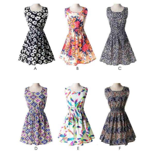 レディース　ノースリーブ　ワンピース　サマードレス　ラウンドネック　膝上丈　花柄　幾何学　チェック　ボーダー　プリント　総柄　カジュアル　大人可愛い　キュート　ブラック　オレンジ　ネイビー　パープル　ホワイト　ブルー　グリーン　S　M　L　XL　2XL　送料無料