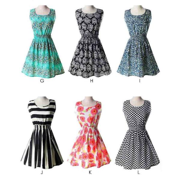 レディース　ノースリーブ　ワンピース　サマードレス　ラウンドネック　膝上丈　花柄　幾何学　チェック　ボーダー　プリント　総柄　カジュアル　大人可愛い　キュート　ブラック　オレンジ　ネイビー　パープル　ホワイト　ブルー　グリーン　S　M　L　XL　2XL　送料無料
