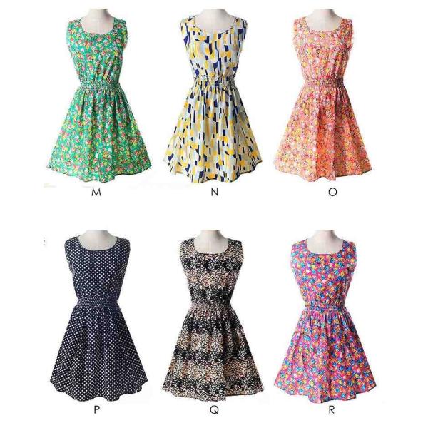レディース　ノースリーブ　ワンピース　サマードレス　ラウンドネック　膝上丈　花柄　幾何学　チェック　ボーダー　プリント　総柄　カジュアル　大人可愛い　キュート　ブラック　オレンジ　ネイビー　パープル　ホワイト　ブルー　グリーン　S　M　L　XL　2XL　送料無料