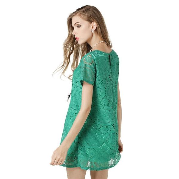 レディース　ワンピース　半袖　総レース　クルーネック　膝上丈　無地　カジュアル　セクシー　大人可愛い　キュート　フェミニン　おしゃれ　デイリー　お出かけ　デート　グリーン　ホワイト　レッド　ブラック　ネイビー　S　M　L　XL　2XL　3XL　4XL　送料無料