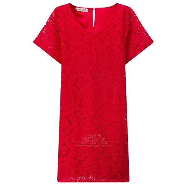 レディース　ワンピース　半袖　総レース　クルーネック　膝上丈　無地　カジュアル　セクシー　大人可愛い　キュート　フェミニン　おしゃれ　デイリー　お出かけ　デート　グリーン　ホワイト　レッド　ブラック　ネイビー　S　M　L　XL　2XL　3XL　4XL　送料無料