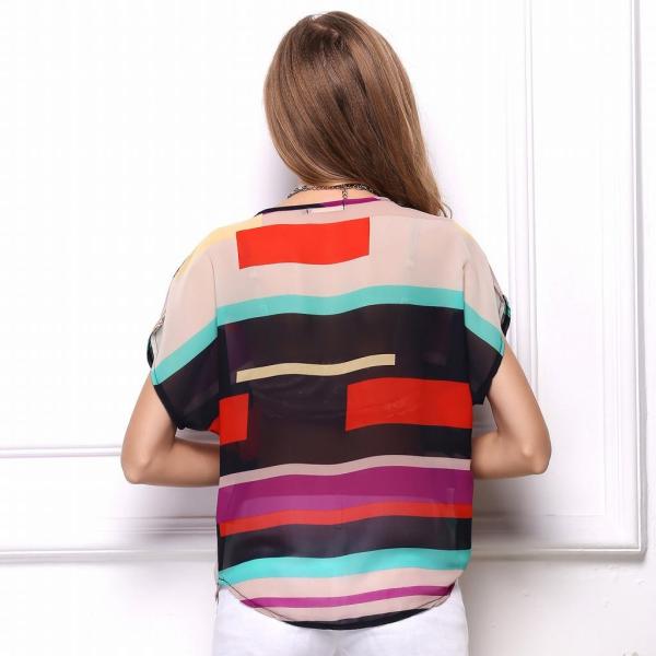 レディース　トップス　Tシャツ　カットソー　シフォン　半袖　ドルマン　クルーネック　ランダムボーダー　カジュアル　大人可愛い　キュート　フェミニン　おしゃれ　デイリー　お出かけ　デート　マルチカラー　S　M　L　XL　2XL　3XL　送料無料