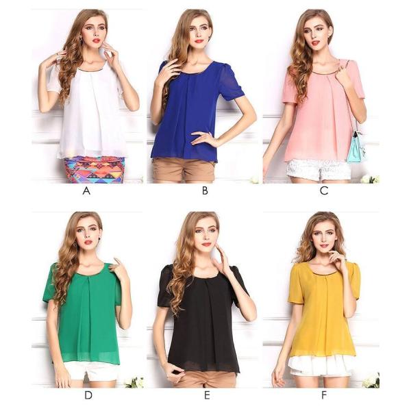 レディース　トップス　Tシャツ　カットソー　シフォン　半袖　クルーネック　無地　カジュアル　大人可愛い　キュート　フェミニン　おしゃれ　デイリー　お出かけ　ホワイト　ブルー　ピンク　グリーン　ブラック　イエロー　ベージュ　XS　S　M　L　XL　2XL　送料無料