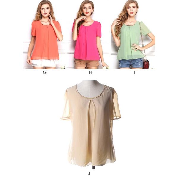 レディース　トップス　Tシャツ　カットソー　シフォン　半袖　クルーネック　無地　カジュアル　大人可愛い　キュート　フェミニン　おしゃれ　デイリー　お出かけ　ホワイト　ブルー　ピンク　グリーン　ブラック　イエロー　ベージュ　XS　S　M　L　XL　2XL　送料無料