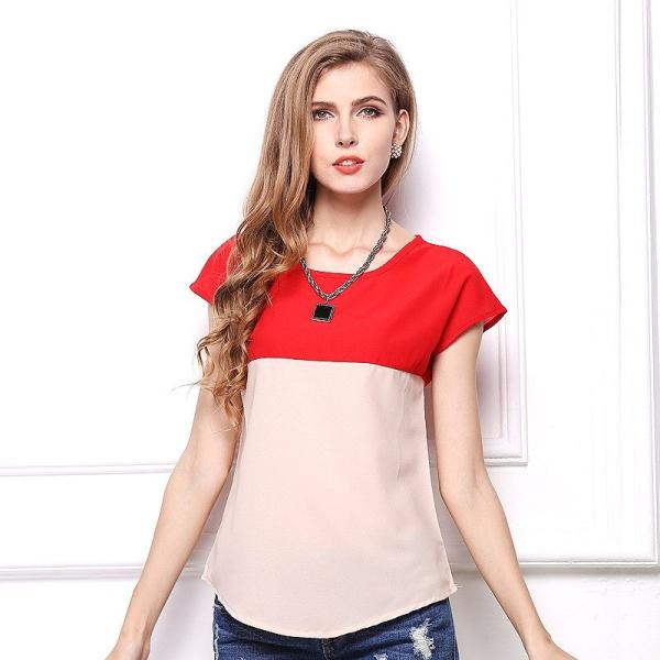 レディース　トップス　Tシャツ　カットソー　キャップスリーブ　クルーネック　無地　バイカラー　カジュアル　大人可愛い　キュート　フェミニン　おしゃれ　デイリー　お出かけ　デート　レッド　イエロー　オレンジ　ブルー　ピンク　グリーン　S　M　L　送料無料