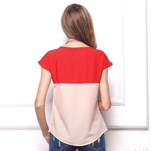 レディース　トップス　Tシャツ　カットソー　キャップスリーブ　クルーネック　無地　バイカラー　カジュアル　大人可愛い　キュート　フェミニン　おしゃれ　デイリー　お出かけ　デート　レッド　イエロー　オレンジ　ブルー　ピンク　グリーン　S　M　L　送料無料