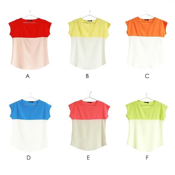 レディース　トップス　Tシャツ　カットソー　キャップスリーブ　クルーネック　無地　バイカラー　カジュアル　大人可愛い　キュート　フェミニン　おしゃれ　デイリー　お出かけ　デート　レッド　イエロー　オレンジ　ブルー　ピンク　グリーン　S　M　L　送料無料