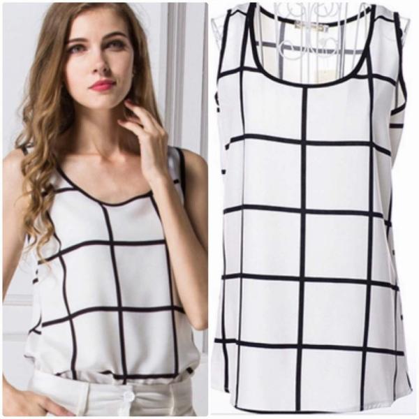レディース　大きいサイズ　タンクトップ　ノースリーブ　ブラウス　チェック　シンプル　トップス　カジュアル　キュート　大人　可愛い　フェミニン　おしゃれ　お出かけ　デイリー　オフィス　普段着　ブラック×ホワイト　S　M　L　XL　2XL　3XL　送料無料