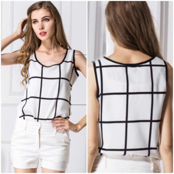 レディース　大きいサイズ　タンクトップ　ノースリーブ　ブラウス　チェック　シンプル　トップス　カジュアル　キュート　大人　可愛い　フェミニン　おしゃれ　お出かけ　デイリー　オフィス　普段着　ブラック×ホワイト　S　M　L　XL　2XL　3XL　送料無料