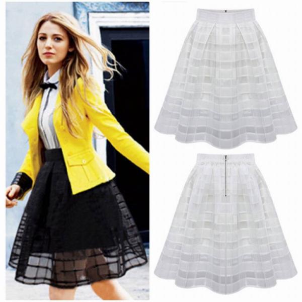 レディース　スカート　ハイウエスト　オーガンジー　透け素材　チェック柄　ボトムス　カジュアル　キュート　大人　可愛い　フェミニン　きれいめ　おしゃれ　お出かけ　デイリー　オフィス　普段着　ブラック　ホワイト　S　M　L　XL　サイズ　送料無料