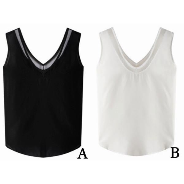 レディース　大きいサイズ　ノースリーブ　タンクトップ　ブラウス　シフォン　透け素材　　夏　春　トップス　カジュアル　キュート　大人　可愛い　フェミニン　おしゃれ　お出かけ　普段着　デイリー　ホワイト　ブラック　S　M　L　XL　2XL　送料無料