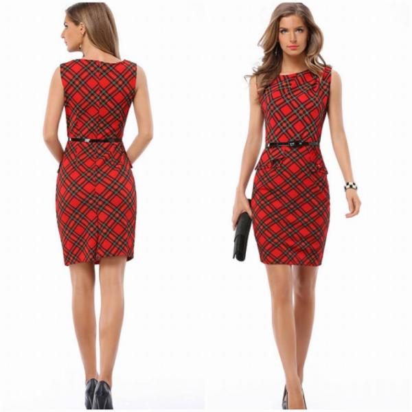 レディース　大きいサイズ　ベルト付き　ワンピース　チェック柄　ミディ丈　スカート　春　夏　カジュアル　キュート　可愛い　フェミニン　きれいめ　上品　エレガント　おしゃれ　お出かけ　デイリー　普段着　レッド　S　M　L　XL　2XL　3XL　送料無料