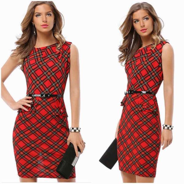 レディース　大きいサイズ　ベルト付き　ワンピース　チェック柄　ミディ丈　スカート　春　夏　カジュアル　キュート　可愛い　フェミニン　きれいめ　上品　エレガント　おしゃれ　お出かけ　デイリー　普段着　レッド　S　M　L　XL　2XL　3XL　送料無料