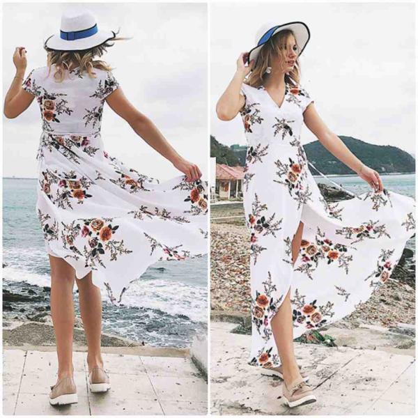 レディース　大きいサイズ　ワンピース　Vネック　花柄　ボタニカル柄　マキシ丈　スカート　春　夏　カジュアル　キュート　可愛い　フェミニン　きれいめ　上品　エレガント　おしゃれ　お出かけ　デイリー　普段着　ホワイト　ネイビー　S　M　L　XL　2XL　3XL　送料無料
