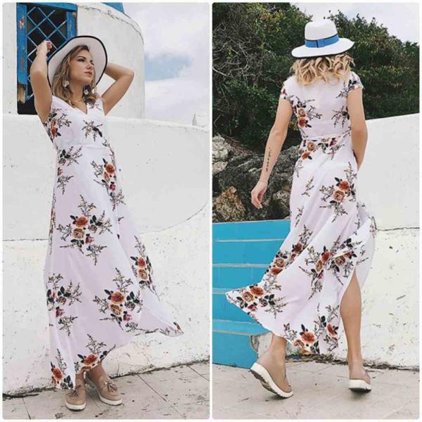 レディース　大きいサイズ　ワンピース　Vネック　花柄　ボタニカル柄　マキシ丈　スカート　春　夏　カジュアル　キュート　可愛い　フェミニン　きれいめ　上品　エレガント　おしゃれ　お出かけ　デイリー　普段着　ホワイト　ネイビー　S　M　L　XL　2XL　3XL　送料無料