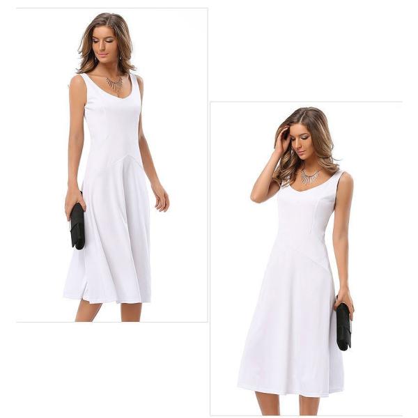 レディース　ワンピース　ノースリーブ　Vネック　ミモレ丈　無地　シンプル　フレア　キュート　カジュアル　大人可愛い　フェミニン　オフィス　パーティ　デート　お出かけ　ホワイト　ブラック　ブルー　レッド　S　M　L　XL　XXL　送料無料