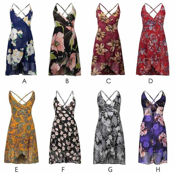 レディース　ワンピース　ノースリーブ　Vネック　ミモレ丈　バッククロス　花柄　総柄　フレア　セクシー　キュート　カジュアル　大人可愛い　フェミニン　オフィス　パーティ　デート　ブルー　ブラック　レッド　イエロー　パープル　S　M　L　XL　XXL　送料無料