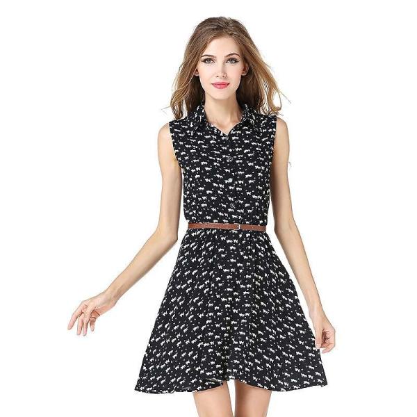 レディース　ワンピース　シャツワンピ　ノースリーブ　膝上丈　総柄　猫　プリント　シンプル　キュート　カジュアル　大人可愛い　フェミニン　オフィス　デート　お出かけ　デイリー　ブラック　S　M　L　XL　送料無料