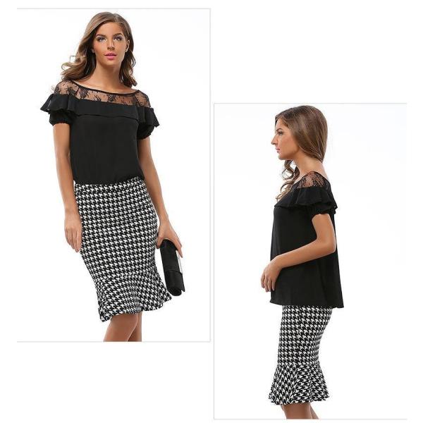 レディース　トップス　カットソー　半袖　シフォン　ラウンドネック　レース　切替　無地　キュート　カジュアル　大人可愛い　フェミニン　オフィス　デート　お出かけ　デイリー　ブラック　ホワイト　S　M　L　XL　XXL　送料無料