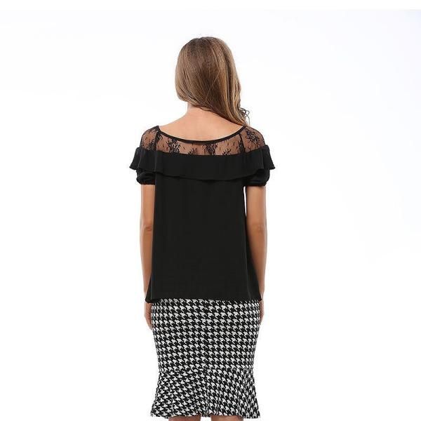 レディース　トップス　カットソー　半袖　シフォン　ラウンドネック　レース　切替　無地　キュート　カジュアル　大人可愛い　フェミニン　オフィス　デート　お出かけ　デイリー　ブラック　ホワイト　S　M　L　XL　XXL　送料無料