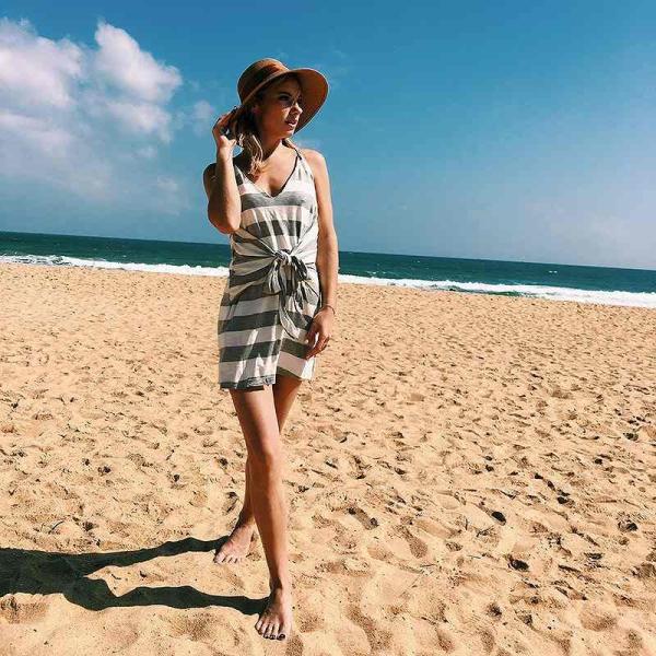 レディース　ワンピース　ノースリーブ　Vネック　膝上丈　ボーダー　サマードレス　フロントリボン　キュート　カジュアル　大人可愛い　フェミニン　デート　お出かけ　デイリー　ホワイト　S　M　L　XL　XXL　送料無料