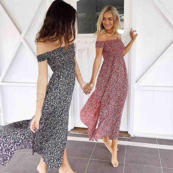 レディース　ワンピース　オフショルダー　半袖　マキシ丈　サマードレス　スリット　花柄　総柄　キュート　カジュアル　大人可愛い　フェミニン　デート　お出かけ　デイリー　リゾート　ネイビー　ワインレッド　S　M　L　XL　XXL　送料無料