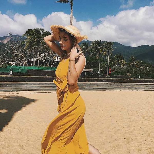 レディース　ワンピース　Vネック　ノースリーブ　マキシ丈　サマードレス　ラップ　無地　セクシー　キュート　カジュアル　大人可愛い　フェミニン　デート　お出かけ　デイリー　リゾート　イエロー　ホワイト　S　M　L　XL　XXL　送料無料