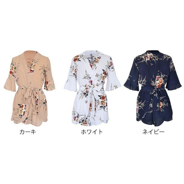 レディース　オールインワン　シャツパンツ　コンビネゾン　半袖　　シフォン　膝上丈　花柄　総柄　シンプル　キュート　カジュアル　大人可愛い　フェミニン　デート　お出かけ　デイリー　ビーチ　リゾート　カーキ　ホワイト　ネイビー　S　M　L　XL　XXL　送料無料