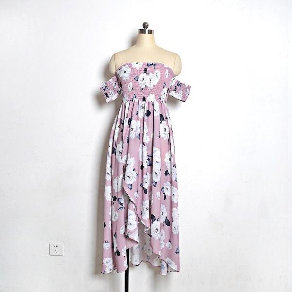 レディース　ワンピース　オフショルダー　半袖　マキシ丈　フィッシュテール　花柄　総柄　キュート　カジュアル　大人可愛い　フェミニン　デート　お出かけ　デイリー　リゾート　ピンク　S　M　L　XL　XXL　送料無料