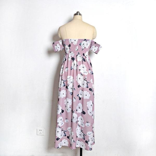 レディース　ワンピース　オフショルダー　半袖　マキシ丈　フィッシュテール　花柄　総柄　キュート　カジュアル　大人可愛い　フェミニン　デート　お出かけ　デイリー　リゾート　ピンク　S　M　L　XL　XXL　送料無料