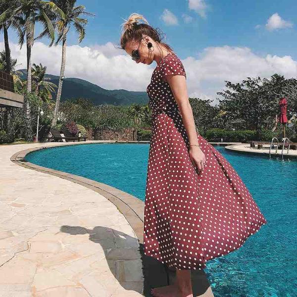 レディース　ワンピース　半袖　Vネック　マキシ丈　シフォン　ドット柄　フレア　シック　キュート　カジュアル　大人可愛い　フェミニン　デート　お出かけ　デイリー　リゾート　レッド　S　M　L　XL　XXL　送料無料
