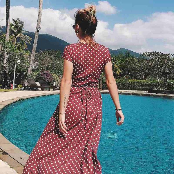 レディース　ワンピース　半袖　Vネック　マキシ丈　シフォン　ドット柄　フレア　シック　キュート　カジュアル　大人可愛い　フェミニン　デート　お出かけ　デイリー　リゾート　レッド　S　M　L　XL　XXL　送料無料