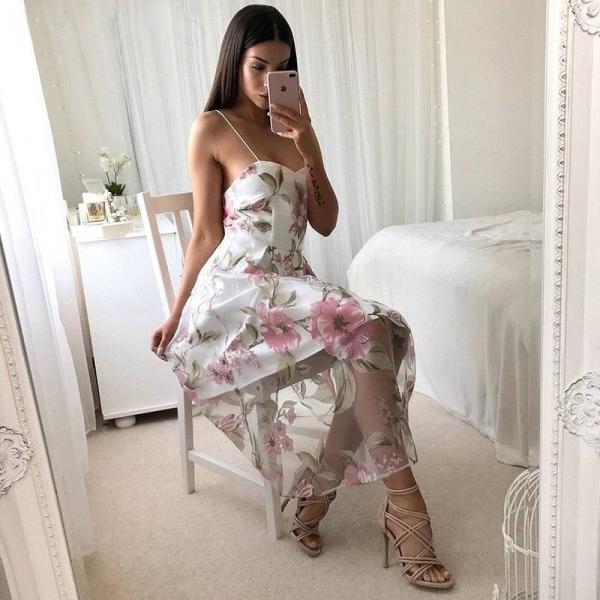 レディース　ワンピース　ノースリーブ　ミモレ丈　フレア　花柄　総柄　シフォン　清楚　キュート　カジュアル　大人可愛い　フェミニン　デート　パーティ　女子会　お出かけ　ホワイト　S　M　L　XL　XXL　送料無料