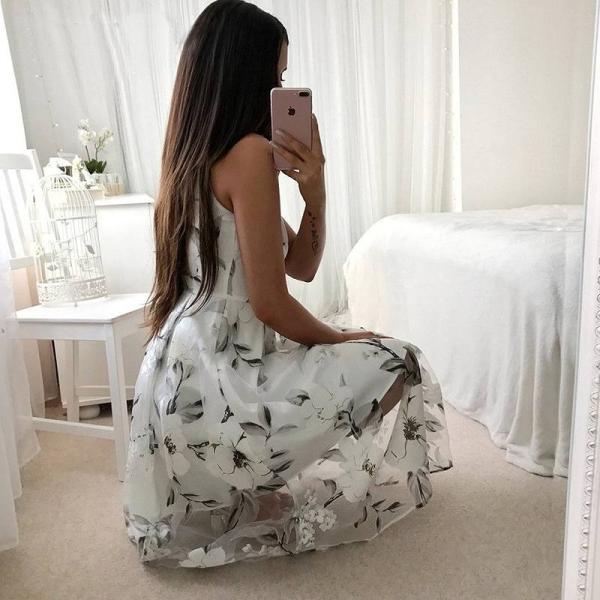 レディース　ワンピース　ノースリーブ　ミモレ丈　フレア　花柄　総柄　シフォン　清楚　キュート　カジュアル　大人可愛い　フェミニン　デート　パーティ　女子会　お出かけ　ホワイト　S　M　L　XL　XXL　送料無料