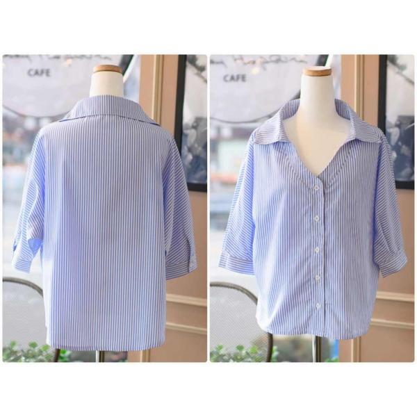 レディース　スキッパーシャツ　ストライプ　ブラウス　七分袖　春　夏　トップス　カジュアル　キュート　可愛い　フェミニン　きれいめ　上品　エレガント　おしゃれ　お出かけ　デイリー　普段着　ブルー　S　M　L　XL　サイズ　送料無料